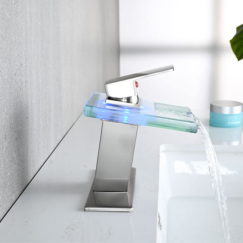 AVSIILE LED Bathroom Sink Faucet, Brushed Nickel Waterfall Single Hole