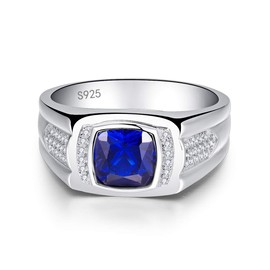 Bonlavie Men's Ring Blue Sapphire CZ 925 Sterling Silver Engagement Ring Wedding Band Gift Box (Z 1/2)