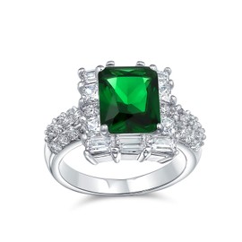 Bling Jewelry 4CTW Classic Cubic Zirconia Simulated Green Emerald Cut Statement Cocktail Ring Pave Band CZ Rhodium Plated Brass