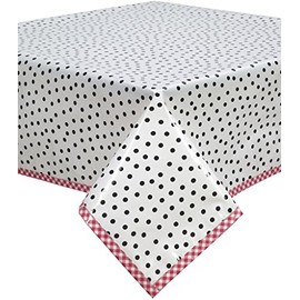 Dot Black Oilcloth Tablecloth with Red Gingham Trim You Pick The Size