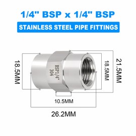 ERGAOBOY 2 pieces 1/4 inch BSP female thread x 1/4 inch BSP female thread forged stainless steel hexagonal coupling connector SUS 304 pipe fittings