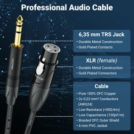 deleyCON 3.0 m XLR to 6.35 mm Jack Stereo Microphone Cable Audio Adapter Cable AUX Studio Quality Pure OFC Copper (AWG24) XLR Female to Jack 6.35 mm Male - Metal Lock