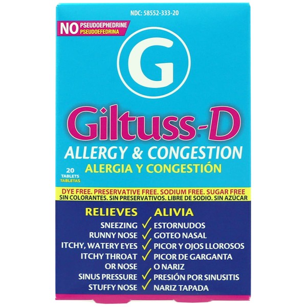 Giltuss-D Allergy and Congestion, Helps You Relieve Sneezing, Runny Nose, Watery Eyes, Sinus Pressure, Stuffy Nose, Itchy Throat, Dye Free, Sugar-Free Tablets, 20 Tablets, Bottle
