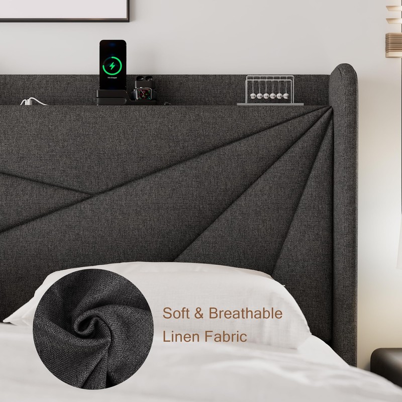 Einhomn Queen Size Upholstered Bed Frame with Charging Station, Platform