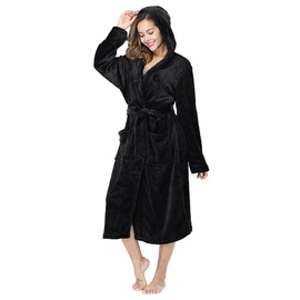 RONGTAI Women Long Plush Fleece Thick Hooded Robe with Pockets Fluffy Sleepwear for Men, black, L