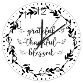 10" Silent Non-Ticking Wall Clocks Battery Operated Blessed Thankful Grateful Wooden Wall Decor for Classroom Circle Garland Wreath Beautiful Round Wooden Wall Clock Country for Auto Shop Yoga Room