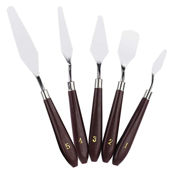 Natuce 5PCS Painting Knife Set, Palette Knife Painting Tools, Oil Painting Mixing Scraper, Stainless Steel Artist Oil Painting Spatula Mixing Spatula Paint Oil Painting Accessories Art- Brown