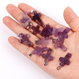Cadikez 12PCS Natural Stone Cross Pendant, Amethyst Quartz Healing Crystal Chakra Reiki Gemstone Pendants Charms Bulk for DIY Necklace Jewelry Making