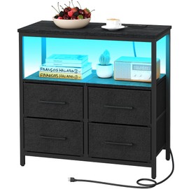 TUTOTAK LED Night Stand with Charging Station, Large Nightstand with USB and Type-C Port, Bedside Table with Cloth Drawers, End Table for Livingroom, Bedroom, Black TB01BK081L