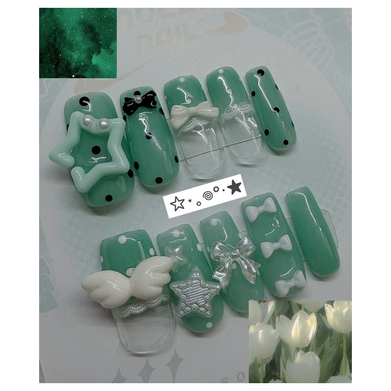 Vintage Deep Mint Handmade Nail Tips - Long Ballerina /
