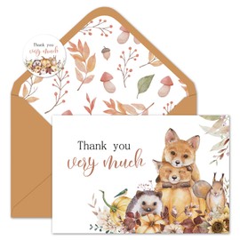 Whaline 24 Pack Fall Woodland Thank You Cards Bulk Watercolor Pumpkin Animal Greeting Cards with Envelope Sticker Blank Note Cards for Autumn Birthday Baby Shower Party Supplies, 4 x 6 Inch