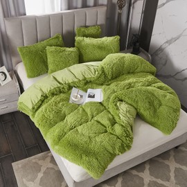 WERDIM Shaggy Fluffy Faux Fur Duvet Cover Set Button Closure Velvety Bedding Set Comforter Cover with Pillowcases Apple Green, Queen Size