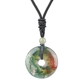 Ladeukoi Natural Round Stone Doughnut Necklace for Women Men, Handmade Healing Crystal Lucky Pendant Necklaces Adjustable 18-29 Inches, Stone