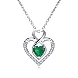 Sterling Silver May Birthstone Necklace for Women Heart Pendant Necklace S925 Silver Infinity Necklaces Green Emerald Anniversary Jewellery Birthday Gifts for Her Ladies Girls Mum 18" +2" Chain