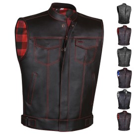 SOA Motorcycle Vest for Men, Premium Buffalo Leather, Back Armor, Inside Pockets, Biker Riding Club Vests Flannel Red S
