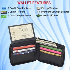 Cavelio RFID Blocking Cowhide Leather Zip-Around ID Bifold Wallet for Men with Gift Box (Black)
