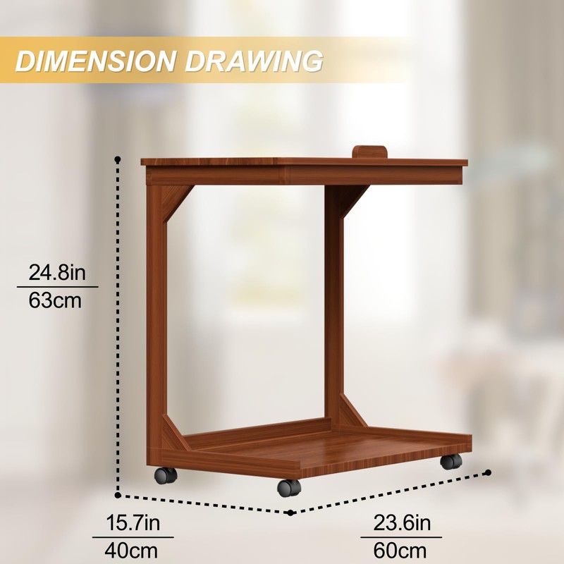 WUGCHDA C-Shaped Couch Table, Side Table with 360° Rotating Wheels,