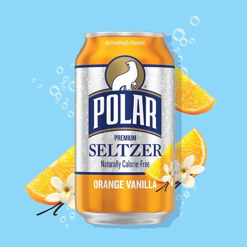 Polar Seltzer Water Orange Vanilla, 12 fl oz cans, 24