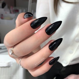 LY LANYOS Press On Nails Almond on 24PCs，Glue on Nails Stick on Nails Fake Nails，Alomnd Medium Shape Solid Dark Color False Nails (Black, Almond)