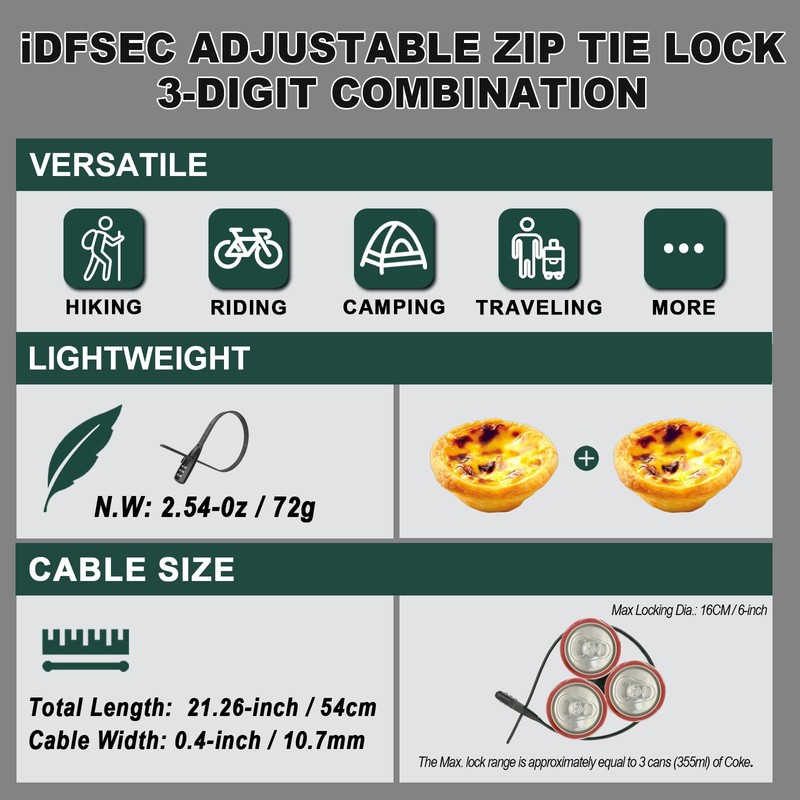 iDFSEC Zip Tie Lock, Adjustable Cable Tie with Stainless Steel