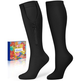 Lalapapa Zipper Compression Socks for Women - Compression Socks with Inner Lining Adjustable 20-30mmHg Graduated Support, Black, L/XL