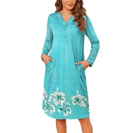 Ekouaer Womens Nightgowns Long Sleeve House Dresses Moomoo Dresses Moo Moos Mumu with Pockets Light Green L