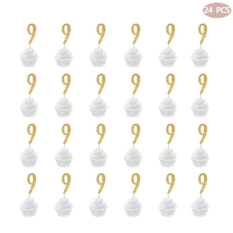 Gold Happy 9th Birthday Cupcake Topper, 24-Pack Number 9 Glitter