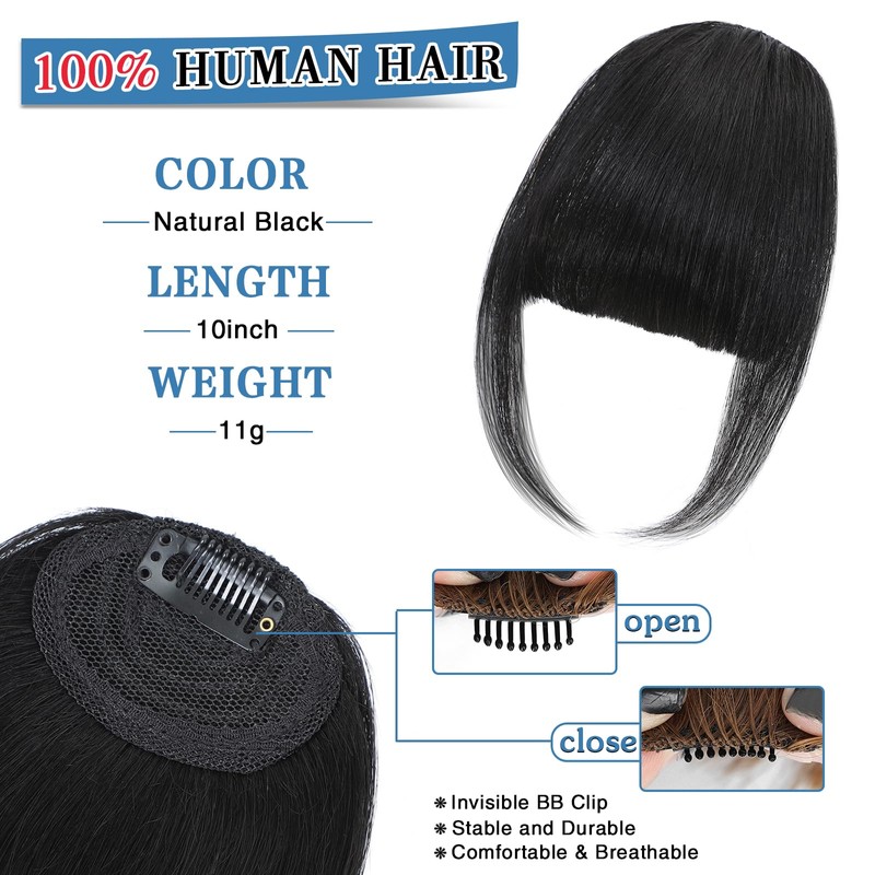 Carendia Bangs Hair Clip Human Hair Natural Black French Bangs