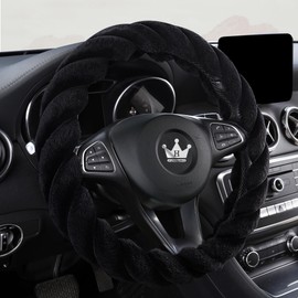 HighnessHwoo Luxury Fluffy Winter Car Steering Wheel Cover for Women Soft Warm Plush Cute Auto Accessories for Vehicle, Sedan, Universal, Fuzzy, Anti Slip, Black, Standard Size, 14.75-15.15"