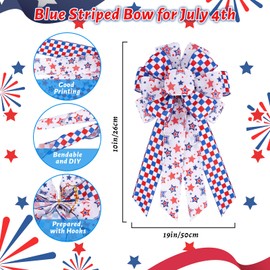 Hagusahuo Patriotic Decor Bows for Wreaths, Fourth of July Bow Red, Blue and White Buffalo Plaid Stars Tree Topper Bow 4th of July,Independence Day, Indoor Front Door Outdoor Decorations