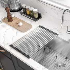 KABCO 18 Inch Multifunctional Foldable Roll Up Dish Drying Rack, Oil, Rust and Heat Resistant Food Safe Grade Silicon Wrapped Stainless Stell Rolling Up Grid