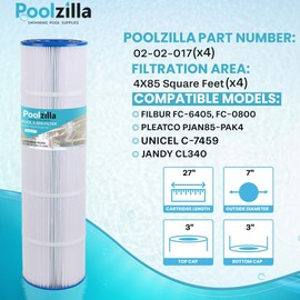 Poolzilla 4 Pack Pool Filter Cartridge Replacement for Unicel C-7459, Jandy CL 340, PJAN85, Filbur FC-6405, FC-0800, A0557900, R0554500, Aladdin 18504, APCC7352 | Premium Pool Filtration