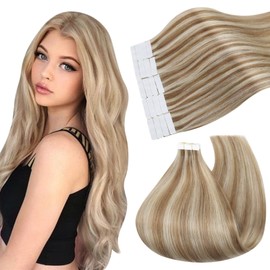Ugeat Tape-In Hair Extensions Real Hair 30 cm Hair Tapes Golden Brown with Bleach Blonde P10/613 Streaked Extensions Hair Real Hair Tape 20 Pieces / 30 g Tape-In Hair Extensions Tape
