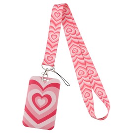BKBKAAK Cute Pink Heart Lanyard with ID Holder Girls Preppy Aesthetic Lanyard for ID Badge Holder Vertical Protector Case Kids Lanyards for School Office Keys