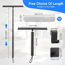 Abzieher Dusche Teleskopstiel 29-120cm, Duschabzieher mit Silikonkopf & Mikrofasertuch, Fenster Spiegel Auto Bad, Halterung + 2 Tuchbezüge