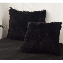 MorroMorn Shaggy Throw Pillow Covers, Luxury Long Faux Fur Pillows Shams, Square Pillow Cases Set, Pack of 2 Pillowcase Decorative Cushion Cover for Bed Couch Soft Fluffy Zipper Room Decor (Black)
