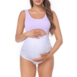 EastElegant Maternity Cutout One Piece Swimwear Ploka Dots Print Pregnancy Bathing Suit, Purple, X-Large