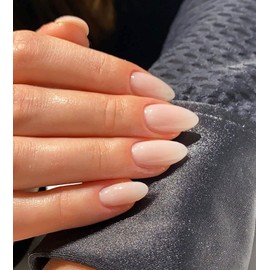 MouYou Pack of 24 Press On Nails Short, Almond Nude Gradient White Fake Nails Full Cover Artificial Nails with Nail Glue, Almond Baby Boomer Colour Gradient White Acrylic Artificial Fingernails for