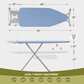 Storageideas Ironing Board 48" x 18" with Iron Holder, Adjustable Height 27" to 37", Full Size Space-Saving Foldable Iron Board with Padded Removable Cover, Sturdy Steel Frame and Legs, Blue