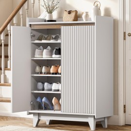 Tablyfurny White Shoe Cabinet for Entryway, 5-Tier Shoe Storage Cabinet with Doors and Shelves, 43.7" Tall Fluted Shoe Storage Organizer Cabinet, Wooden Shoe Rack Organizer for Hallway Closet