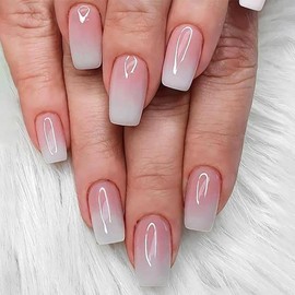 Pink Press On Nails - Medium Square Fake Nails With Glue & Gradient Pink & White Designs - featuring Full Cover False Nails Artificial Acrylic Nails, Set Includes Multiple Sizes