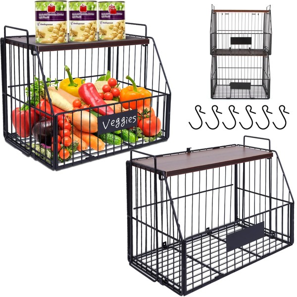 LiteViso 2pcs Large Fruit Basket Onion Storage Wire Baskets with Wood Lid, Stackable Wall-mounted Countertop Tiered Kitchen Counter Organizer for Snack Fruit and Vegetable Storage, 13*8.66*9.45Inches