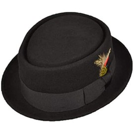 Mens Unisex Handmade 100% Wool Crushable Pork Pie Hat with Removable Feather and Side pin (Black, Medium (56-57cm))