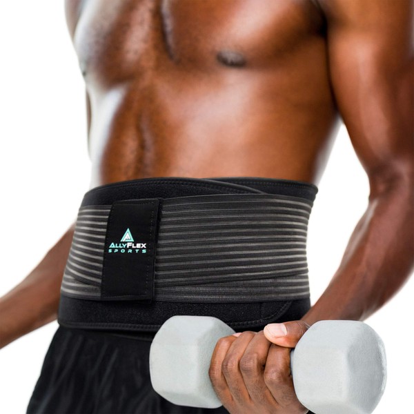 AllyFlex - Cinturón de apoyo lumbar deportivo para entrenamiento para aliviar el dolor de espalda baja, incluye almohadillas sacrales lumbares dobles, correas ajustables y forro de refrigeración, XL/XXL