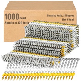 Therwen Framing Nails, 21 Degree, Flat D Head, Galvanized, Ring Shank, Plastic Row Fixed, 21 Degree Framing Nails for Use in All Pressure Treated Lumber (1000 Count,3 Inch X 0.120 Inch)