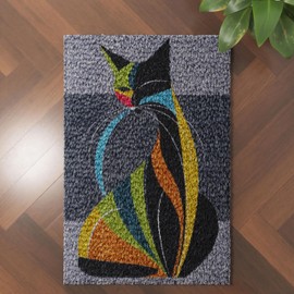 Generic Abstract Cartoon Cat Latch Hook Rug Kit for Adults DIY Carpet Cushion with Printed Canvas Crochet Yarn Craft Hook and Latch Tapestry for Home Decor Pets Warm Pads 60x40cm, As Main Picture