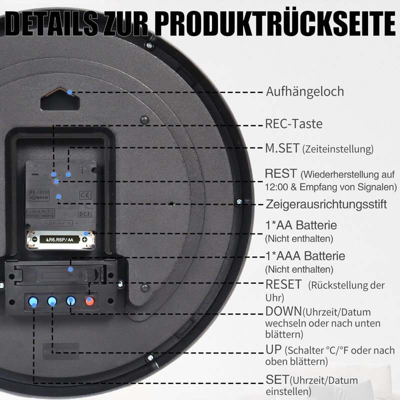 Geevon DCF Wall Clock without Ticking Noise, 12 Inch Radio-Controlled