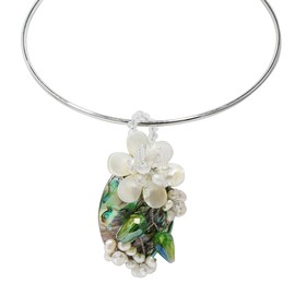 Floral Vines Abalone Shell & White Mother of Pearl & Cultured Freshwater White Pearl Choker Necklace