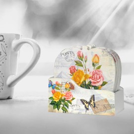 Drink Coasters with Holder - Set of 6 Coasters for Drinks with Floral Designs - Gifts for Her - Teacher Appreciation Thank You Gift