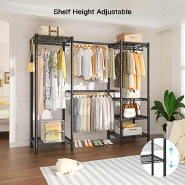 Ulif E7 Heavy Duty Garment Rack, Freestanding Clothes Organizer and Storage Rack with Expandable Hangers Rods, Metal Portable Closets with 6 Wire Shelves, (52.3"-72")W x 14.5"D x 71.2"H, Load 740 LBS